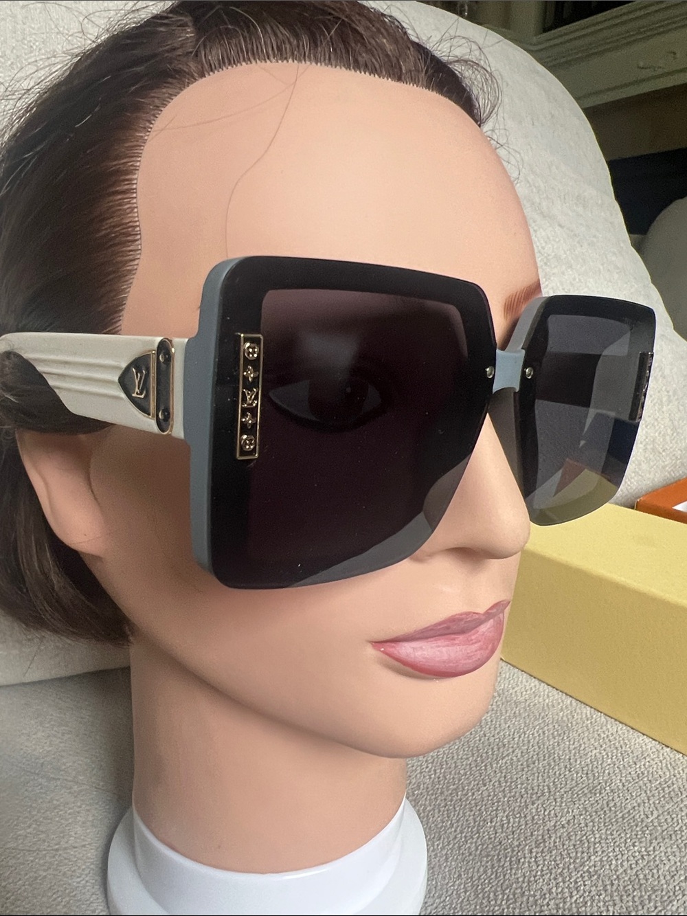 Louis Vuitton Gray  & White Square Oversized Sunglasses with Gold Accents